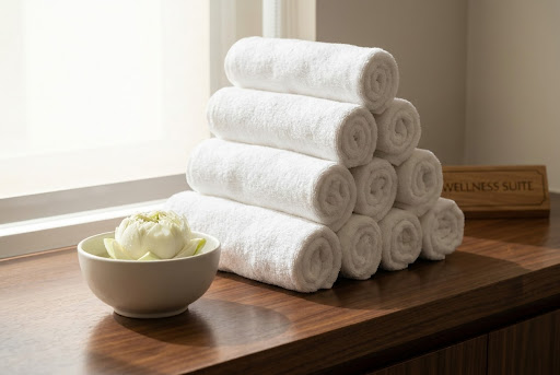 Clean white towels and spa amenities for onsite corporate massage
